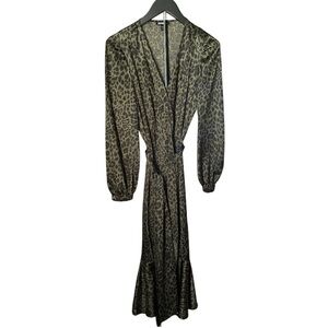 Express Green/Black Leopard Wrap Maxi Dress with Long Sleeves
